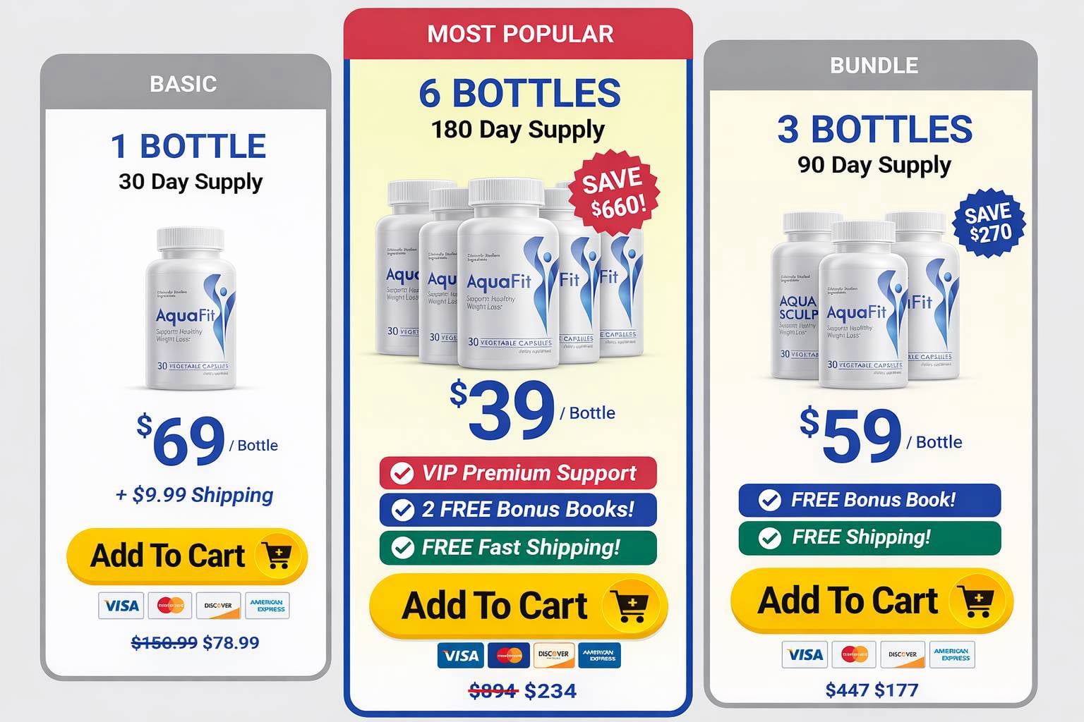 AquaFit pricing options: 1 bottle $69, 3 bottles $59 each, 6 bottles $49 each with free US shipping